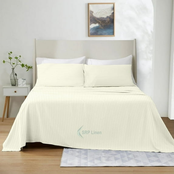 1200 Thread Count 4 Piece Quality Sheet Set 18 Inch DeepPocket 100% Egyptian Cotton Color Ivory Stripe Size Twin XL