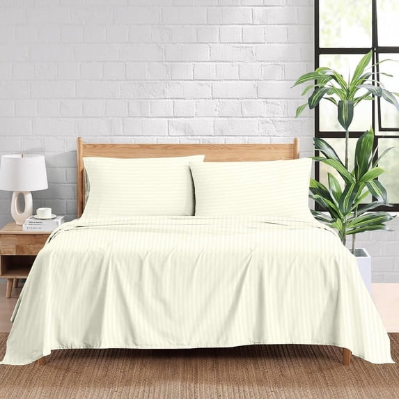 1200 Thread Count 4 Piece Quality Sheet Set 18 Inch DeepPocket 100% Egyptian Cotton Color Ivory Stripe Size Twin