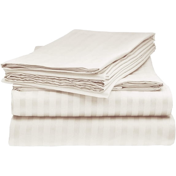 1200 Thread Count 4 Piece Quality Sheet Set 21 Inch Deep Pocket 100% Egyptian Cotton Color Ivory Stripe Size Twin XL