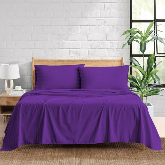 1200 Thread Count 4 Piece Quality Sheet Set 21 Inch Deep Pocket 100% Egyptian Cotton Color Purple Stripe Size California King