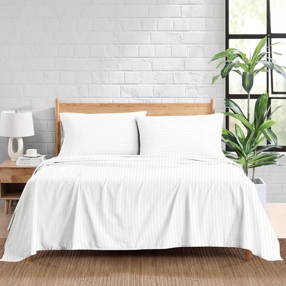 1200 Thread Count 4 Piece Quality Sheet Set 21 Inch Deep Pocket 100% Egyptian Cotton Color White Stripe Size Twin