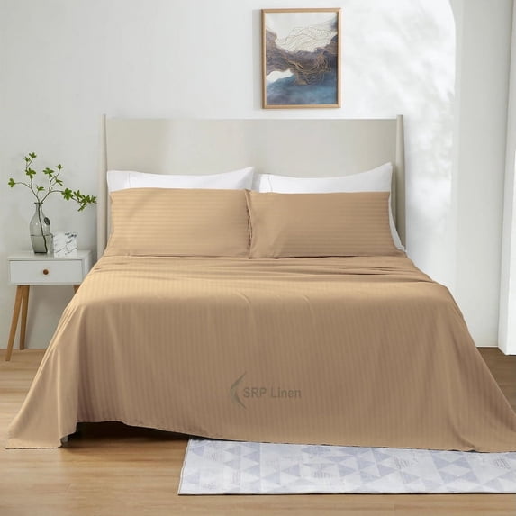 1200 Thread Count 4 Piece Quality Sheet Set 30 Inch Deep Pocket 100% Egyptian Cotton Color Taupe Stripe Size Full