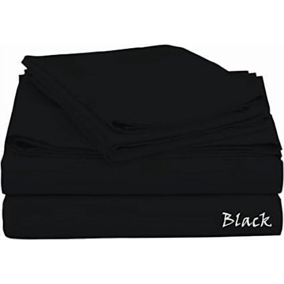 1200 Thread Count Home Decor - Sheet Set - Full Size - SOLID COLORS Sheet Set - 4 Pieces - { Black } Fit Mattress 32" Inches By KM LINEN