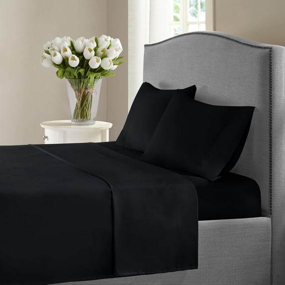 1200 Thread Count Queen Size Deep Pocket Solid Cotton Sheet Set (Queen, Black)