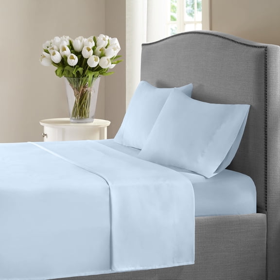 1200 Thread Count Queen Size Deep Pocket Solid Cotton Sheet Set (Queen, Blue)