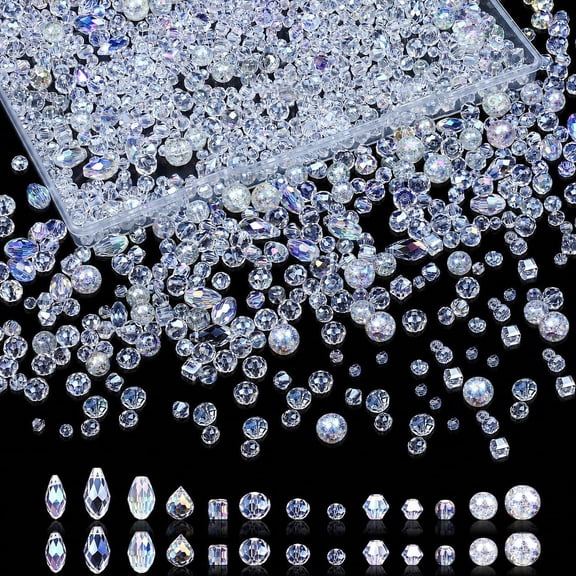 1200 count  Glass Beads for  Making - 13 Styles Bicone, Rondelle, Cube, Teardrop, Smooth Round, Floral and Strawberry Beads for DIY Necklace Bracelet Earring Craft Kit (AB Color)