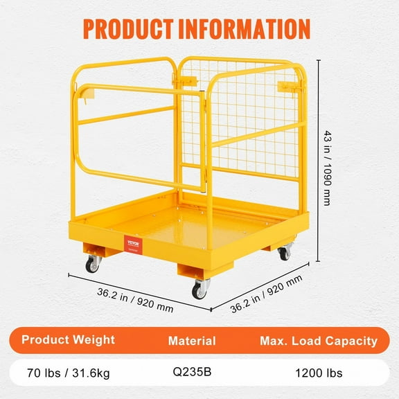 1200 lbs Capacity Forklift Safety Cage, 36x36 Inches Foldable Design, with Device Chain & Drain Hole - Perfect for 1-2 Workers