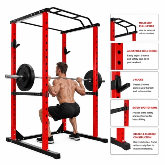 Safe Squat Rack 1200 lbs Capacity Squat Rack, Red Multi-Functional Power Rack, 14-Hole ...