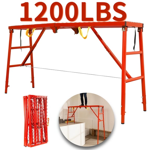 1200 lbs Heavy Duty Multi-Purpose Scaffolding Platform, 69 in Foldable Adjustable Red Steel Work Platform for Garage Maintenance & Warehouse Operations