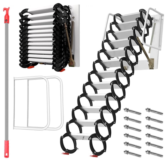 1200 lbs Wall-Mounted Folding Stairs, Folding Loft Staircase 12 Steps, Telescoping Attic Ladder with Handrails, Pull Down Attic Stairs for Attic Loft Garage