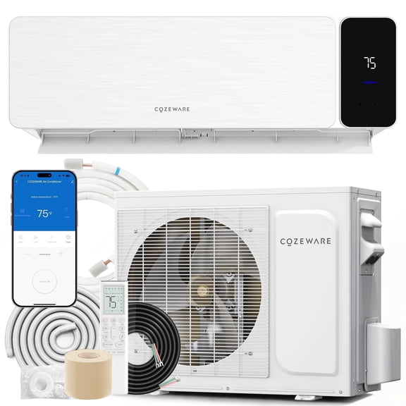 Cozeware 12000 BTU Mini Split AC Heating System, 115V 20 SEER2 Inverter Ductless Air Conditioner Heat Pump, Compatible with Wifi and Alexa, Cools & Heat Up to 750 Sq.Ft, Black