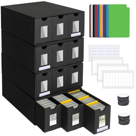 12000+ Card Trading Storage Box, Deck Box with 48 Dividers, Labels & Tape, 6-Layer Design with Transparent Windows, Holds TCG MTG PTCG Cards