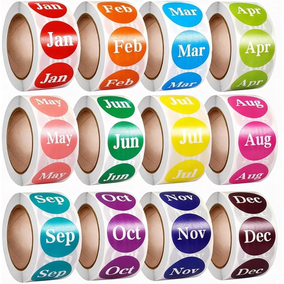 12000 Pcs Labels Round Month Stickers, 24 Rolls 1 Inch 12 Months of the Year Labels Self Adhesive Stickers Color Coding Label for Offices Warehouses Retails Boutiques