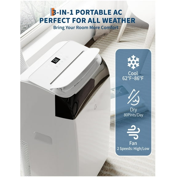12000 btu Portable Air Conditioner, Indoors ac unit Fast Cooling 550 Sq. Ft., 3-in-1 Portable Air Conditioner With Fan, Cooling, Dehumidification, Touch Screen Controls, Remote Controller