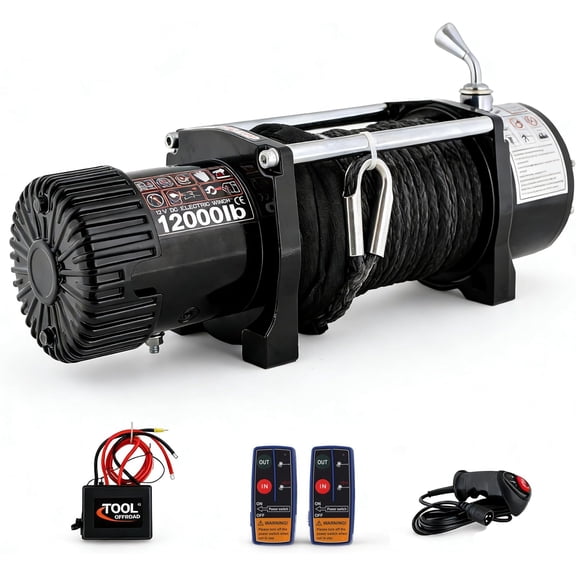 12000 lbs Electric Winch, 12V Synthetic Rope Trailer Winch with Wireless & Wired Remote, Waterproof Recovery Winches for Towing ATV/UTV Off Road, Boat, Black