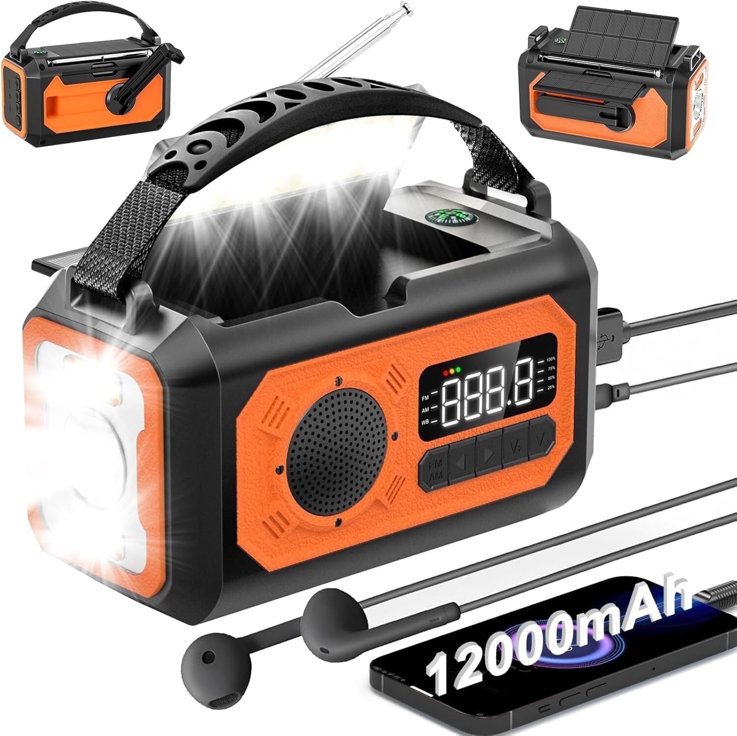 12000mAh Emergency Radio, AM/FM/NOAA Weather Alert Radio, Portable Hand Crank Radio Solar/Type-C Charging Outdoor Radio with Torch & LED Reading Lamp, SOS Alarm, Compass, Power Bank (Orange)