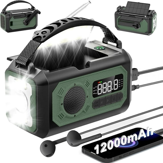 12000mAh Emergency Radio, AM/FM/NOAA Weather Alert Radio, Portable Hand Crank Radio Solar/Type-C Charging Outdoor Radio with Torch & LED Reading Lamp, SOS Alarm, Compass, Power Bank (Army Green)