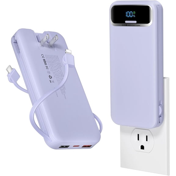 12000mAh Lightweight-Portable-Charger-Power-Bank with Built-in Cables and AC Wall Plug, PD20W USB-C Fast Charging Battery Pack, LED Display External Travel Phone Charger for All iPhone,,Android