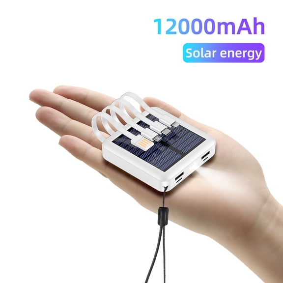12000mAh Portable Solar Power Bank with 4 Built-in Cables, Ultra-Compact Pocket Solarpower Bank Charger with Bright LED Flashlight & Lanyard for Camping, Travel, iPhone, Samsung, Android Devices