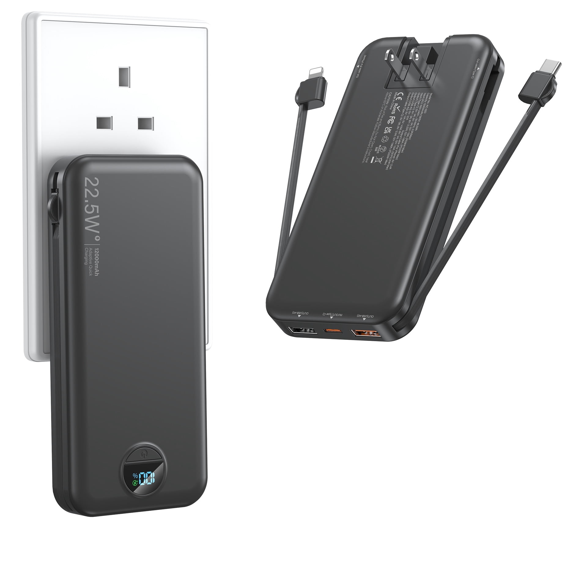 Portable Charger Power Bank 12000mAh PD22.5W /Built-in Cables | Portable Phone Charger,Fast charging,Built in wall plug,LED display,Charge 5 devices at once,Pas
