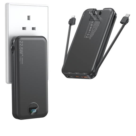 Portable Charger Power Bank 12000mAh PD22.5W /Built-in Cables | Portable Phone Charger,Fast charging,Built in wall plug,LED display,Charge 5 devices at once,Pass through charging, Balck