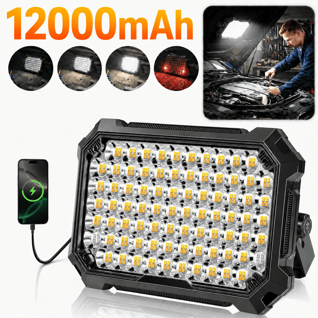 10,000 LM Rechargeable LED Work Light with 12,000mAh Battery & Magnetic Base