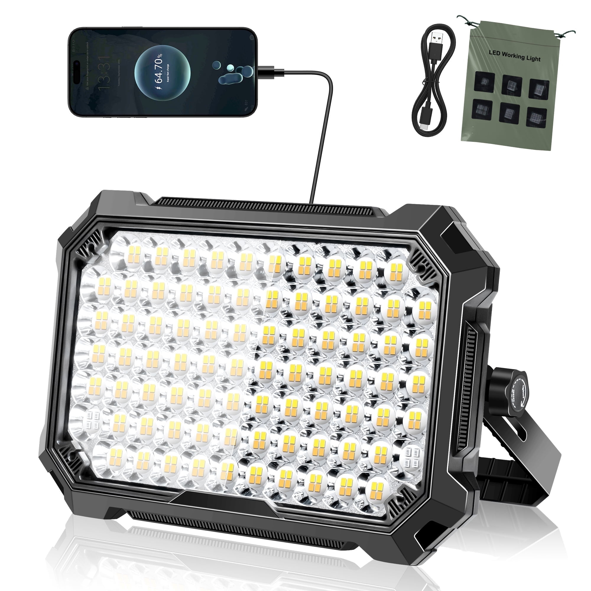 COSJM LED Work Light 12000mAh, 10000LM Rechargeable  Flood Light 320 LED, IP65, 4 Modes, USB Charging, Magnetic Base, Adjustable Stand for Mechanics, Camping, Fishing, Car Repair