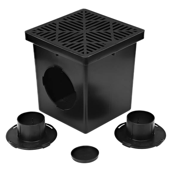 1200BKITRTL1PK Square Catch Basin Drain Kit with 2-Opening Catch Basin Drain, 2 Adapters, 1 Outlet Plug, and 1 Plastic Drain Grate, 12-Inch, for Lawns, Lacaped Areas, Black