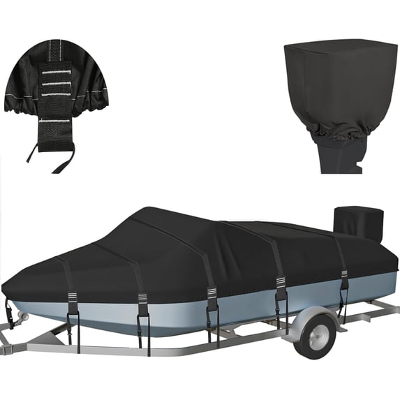 1200D Solution-Dyed Waterproof Boat Cover, Heavy Duty Trailerable Bass, Runabout, V-Hull, Tri-Hull Pro-Style Fishing Boat Cover with Motor Cover