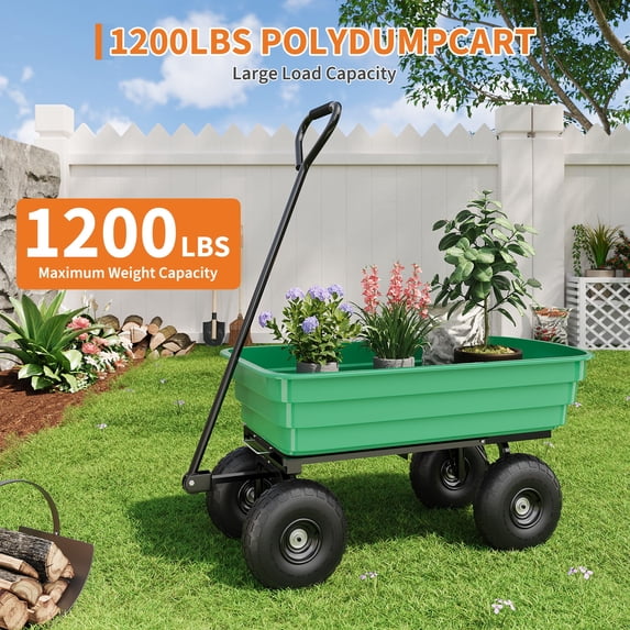 1200LB Capacity Heavy Duty Garden Utility Wagon, All-Terrain Dump Cart with 180° Adjustable Handle & Quick Release for Soil, Plants, Tools, Green
