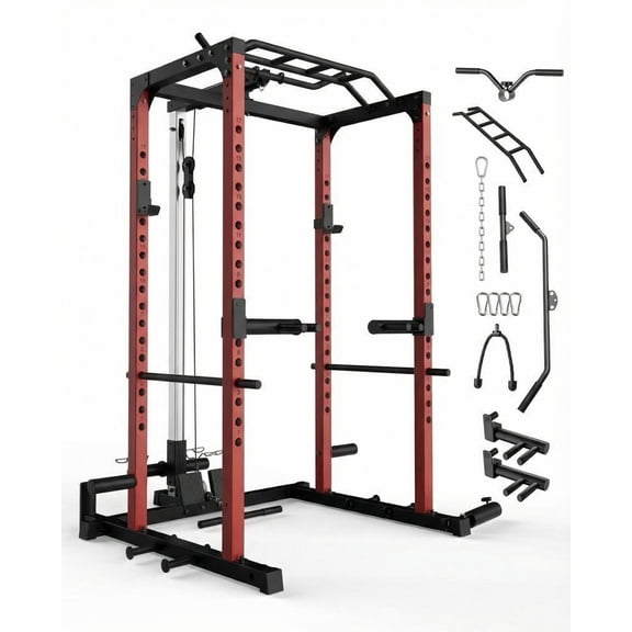 1200LBS Heavy Duty Power Cage Squat Rack for Home Gym – Multi-Functional Rack with Pulley, LAT Pull Down, Dip Bars, Pull Up Bar, J-Hooks, Landmine, Weight Storage – Full Body Strength Training