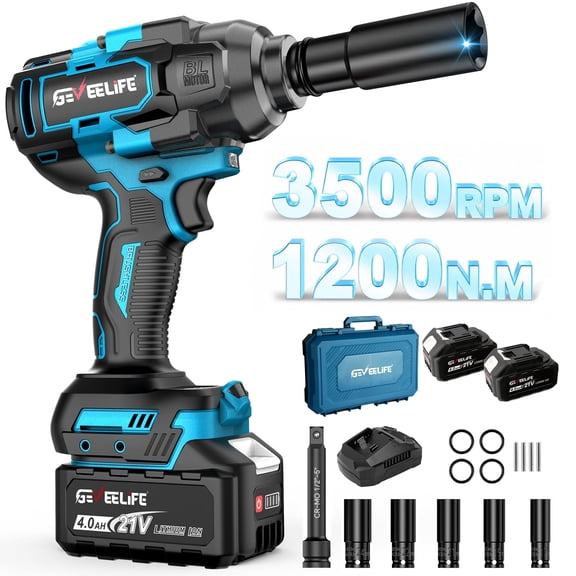 Rumiom 1200N.m (900Ft-lbs) Brushless Impact Wrench, 1/2" Cordless Impact Driver with 2x 4.0Ah Battery
