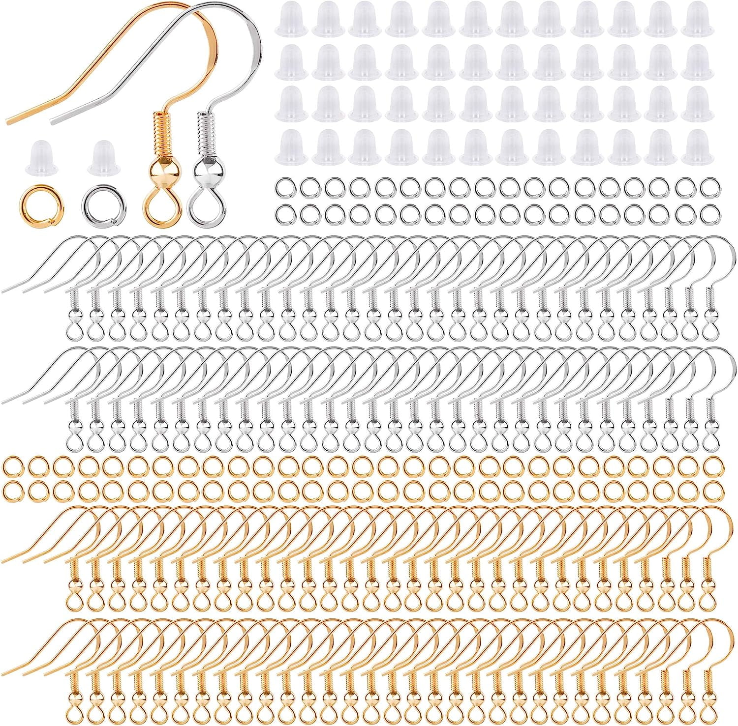 1200PCS Sterling Silver Ear Wire Earrings Making Supplies Kit, Silver Hypoallergenic Earring Fish Hooks, Jump Rings Clear Silicone Earring Backs for DIY Jewelry Making (Silver and Gold)