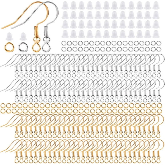 1200PCS Sterling Silver Ear Wire Earrings Making Supplies Kit, Silver Hypoallergenic Earring Fish Hooks, Jump Rings Clear Silicone Earring Backs for DIY Jewelry Making (Silver and Gold)