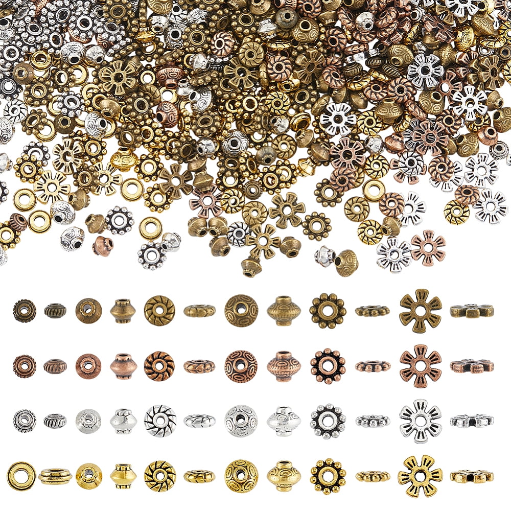1200Pcs 24 Styles Tibetan Style Alloy Spacer Beads Sets Bicone & Flower & Flat Round Mixed Shapes Mixed Color 5~8x8x2~6.3mm hole: 1~2.4mm