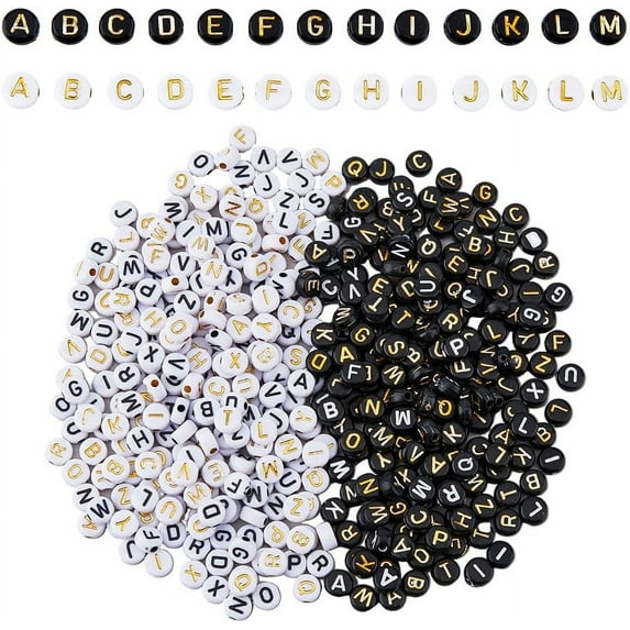 1200Pcs 4Styles Round Letter Beads Acrylic Alphabet Beads 4x7mm Black White A-Z Acrylic Beads Round Loose Beads Spacer Beads for Jewelry Making Necklaces Bracelets Name Keychains