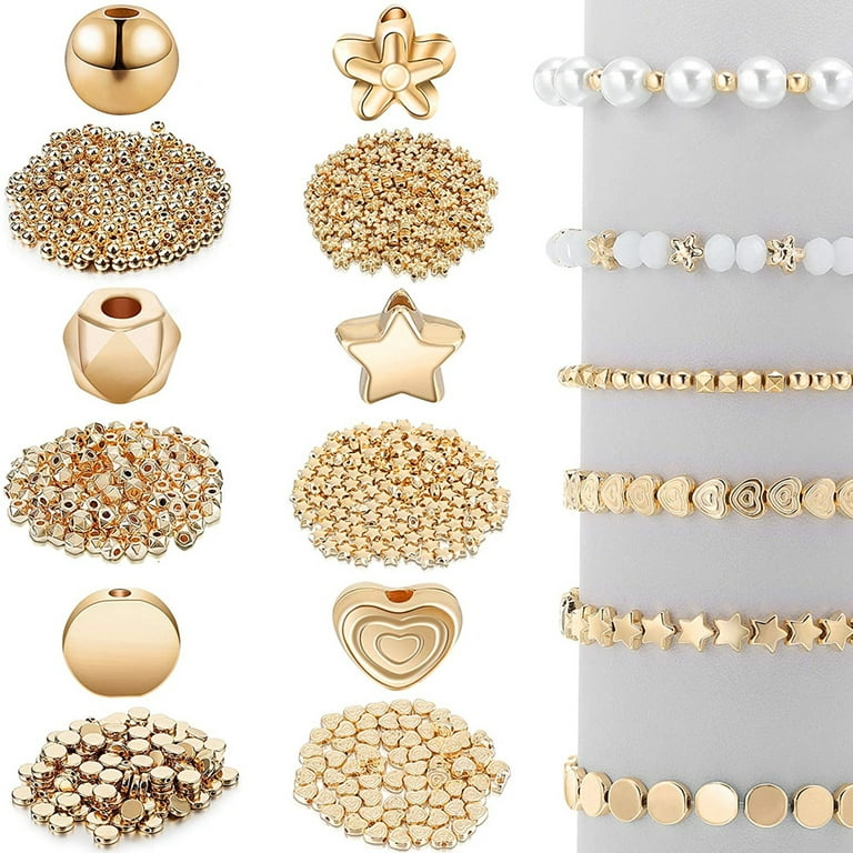 1200Pcs 6Styles Gold Spacer Beads Assorted Jewelry Making Loose Beads for  DIY Bracelet Necklace Earring Craft Making（gold） 