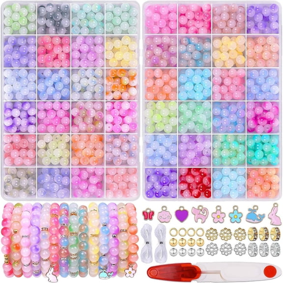 1200Pcs 8mm Glass Beads for Jewelry Making, 48 Colors Crystal Beads for Bracelet Making Kit Round Beads DIY Craft for Teen Adults, 2 Box