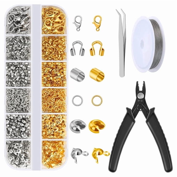 1200Pcs Crimp Beads Jewelry Making Kit with Crimping Pliers, Beading Wire, Lobster Clasps & Jump Rings