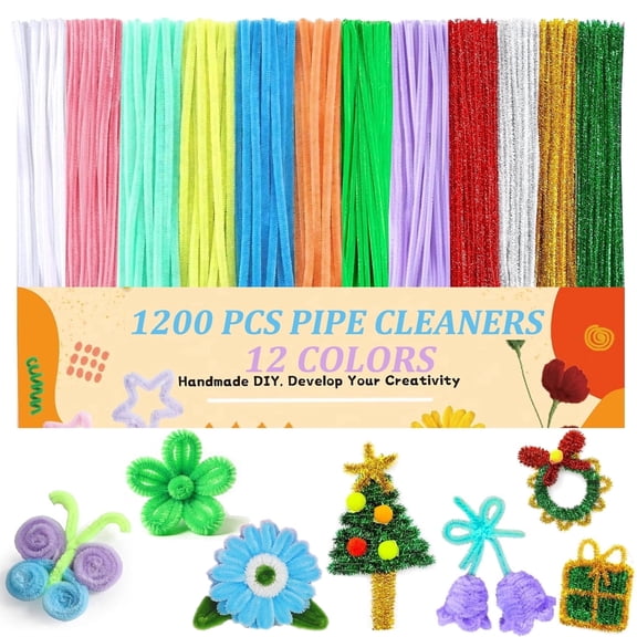 1200Pcs Pipe Cleaners Craft Bulk Supplies, 12 Assortment Macaron Color Chenille Stems ,for Arts and Craft Projects Creative DIY Decorations, DIY Art Creative Crafts Party and Easter  Christmas Decora
