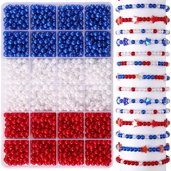 1200Pcs Red White Blue Beads for Bracelet Making Kit 4th of July Patriotic Beads for Jewelry Making Independence Day Clay Stars Acrylic Pearl Letter Bead with America Flag Heart Hat Pendant Charms