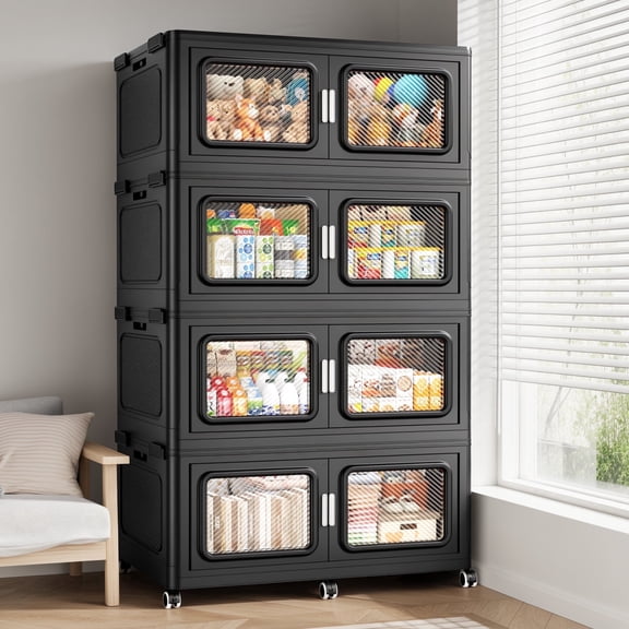 1200Qt Extra Large Stackable Storage Bins with Lid, 300 Gal Collapsible Closet Organizer and Storage Drawers with Wheels, 4-Pack Totes for Storage Clearance, Black