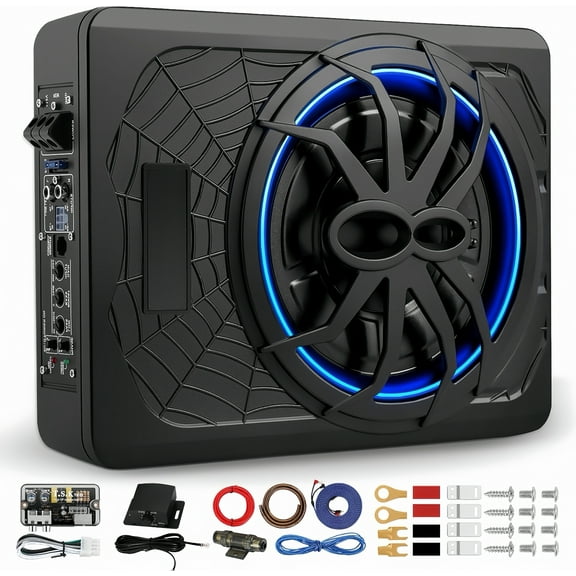 1200W 10" Car Subwoofer, Slim Under Seat Powered Subwoofer and Amp Package,High/Low Level Input, Car/Truck Audio Sub Built-in Amplifier amp Combo Package, with Blue LED Light
