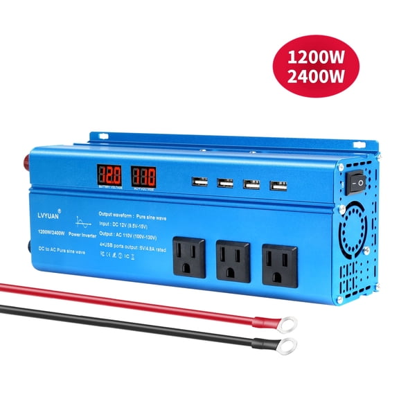 1200W 2400W Peak Pure Sine Wave Power Inverter, 12V DC to 110V AC Inverter with 3 AC Outlets & 4 USB Ports LED Display for Car, Vehicle, Outdoor, Emergency, RV, Truck