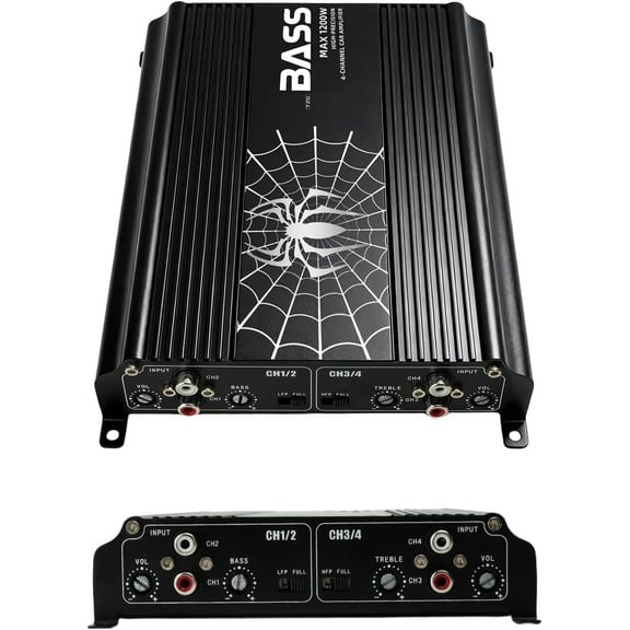 1200W 4   Amplifier, Class D Full Range  Audio Amp, 2-4 Ohm  Bridgeable 4  Amp with HPF/LPF Crossover, Compact  Stereo Amplifier for Speakers & Subwoofers