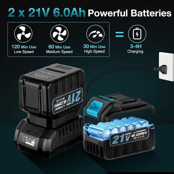 1200W Cordless Leaf Blower with 2 x 21V 6.0Ah Batteries - Blue