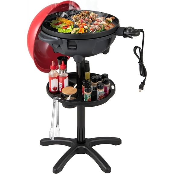 1200W Electric Grill Outdoor, 2-in-1 Freestanding & Tabletop BBQ Grill w/Thermometer, Nonstick Griddle, Lid & Drip Tray, Portable Camping Grill for Patio, Backyard, Party (Red)
