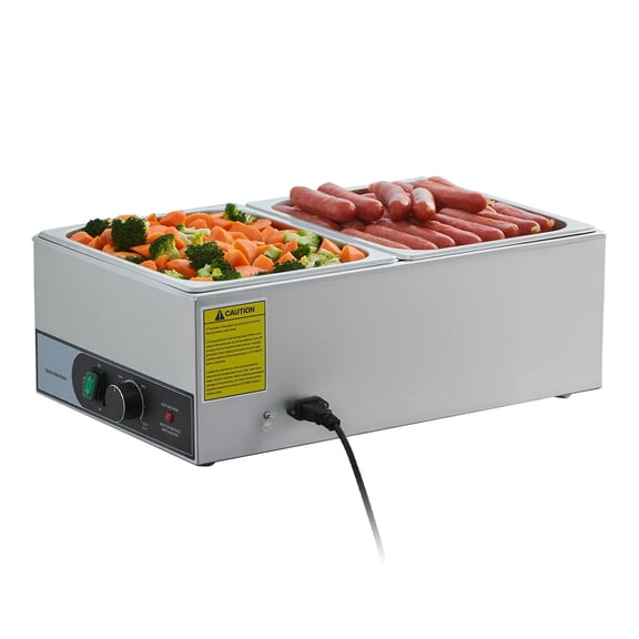 Commercial 1200W Electric Stainless Steel Food Warmer with Steam Bain Marie, Two 1/2 Size Food Pans, Fast Heating Countertop Buffet Equipment for Catering Restaurants Parties and Events
