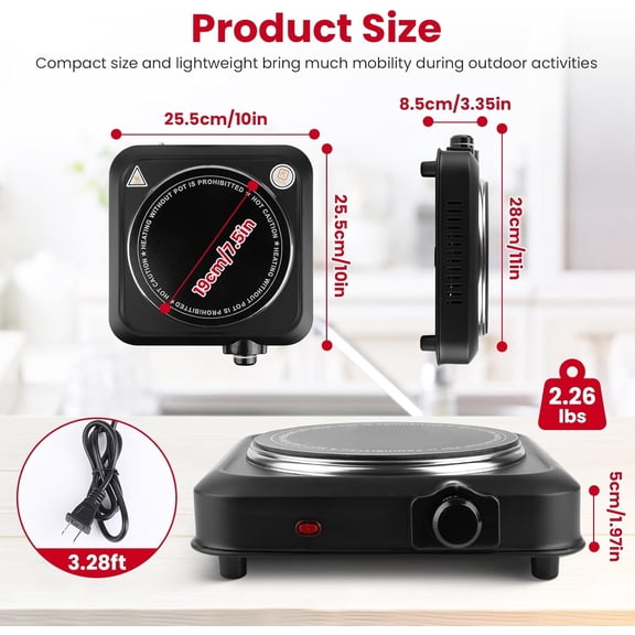 1200W Hot Plate, Electric Infrared Single Burner, Portable Stove Countertop Hotplate with 7.5" Glass Cooktop Stepless Temperature Adjustments for Home RV Camp, Compatible for All Cookwares