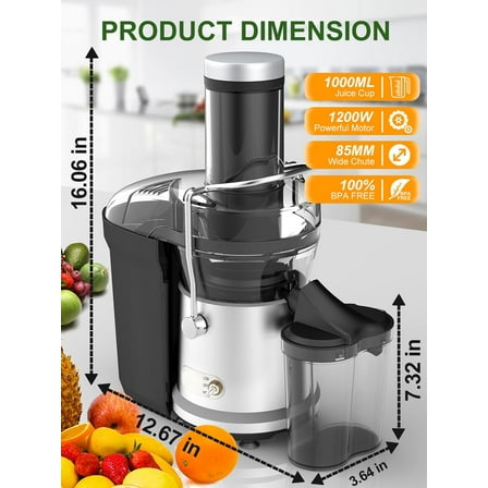1200W Centrifugal Juicer with 3.2" Feed Chute, Dual Speeds, 35oz Juice Jug, BPA-Free
